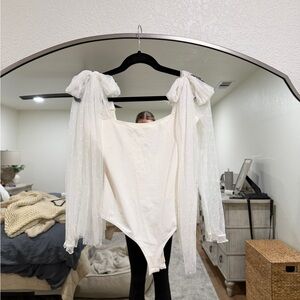 Free People White Lace Sleeve Top